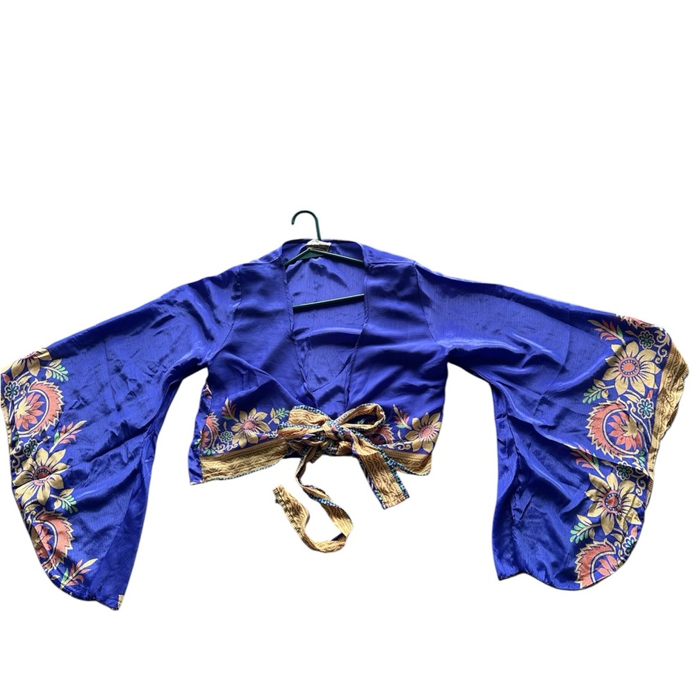 Black Market Boutique Crop Tie Shirt with Bell Sleeves and Floral Design